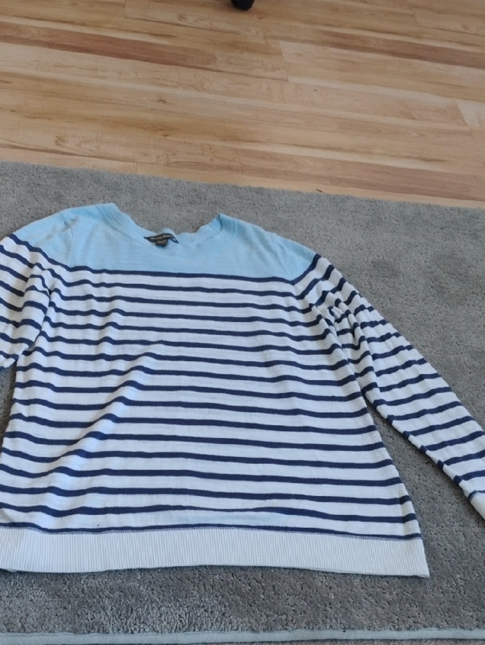 Tommy Bahama Light Blue Crewneck Sweater with Navy & White Stripes.  Men's XL.